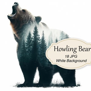 Clipart Orso che ulula, Orso a doppia esposizione, 18 JPG di alta qualità, Ar della fauna selvatica, Stampe digitali, Creazione di carta, Creazione di carte, Sublimazione