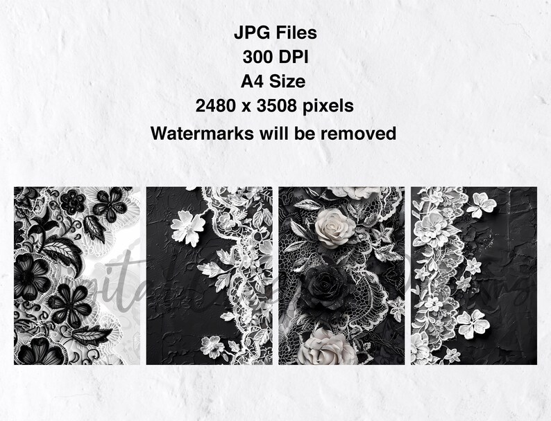 Vintage Black and White Lace Paper Pack, Gothic Collage, Scrapbook ...