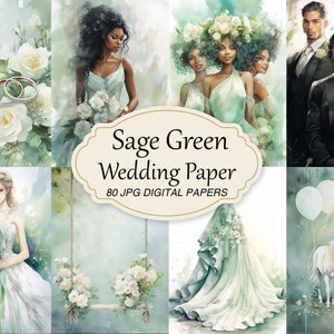 Aquarell Salbei grünes Hochzeitspapier, Vintage Ephemera Pack für Junk Journal, Scrapbooking, Brautjungfer und Trauzeugin Geschenke, digitaler Download
