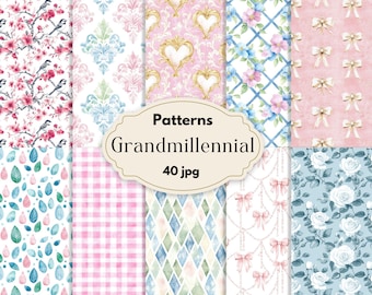 Watercolor Grandmillennial Seamless Patterns, Pastel Floral Digital Paper, Vintage Chic Scrapbook Backgrounds, Shabby Cottagecore