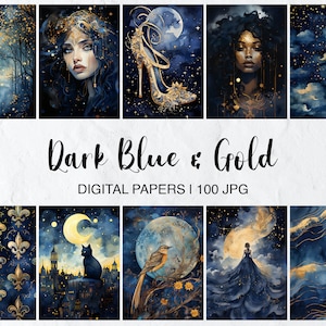 May include: A set of 10 digital papers featuring a dark blue and gold color scheme. The papers include various designs, such as stars, clouds, and floral patterns.