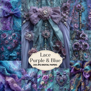 Lila und Blaue Spitze Junk Journal Seiten, Shabby Chic Scrapbooking Papier, druckbare Vintage Ephemera, Papiermodelle, Perlen, Schleifen, Blumen