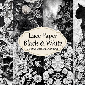 Vintage Schwarzweißes Spitzenpapier, Gothic Junk Journal Paper Pack, Antiker Hintergrund, Scrapbook Collage Sheet, Schädel, Krähe, Katze, Rose