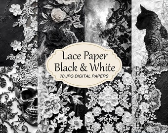 Vintage Black and White Lace Paper, Gothic Junk Journal Paper Pack, Antique Background, Scrapbook Collage Sheet, Skull, Crow, Cat, Rose