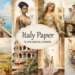 Carta acquerello Italia, pacco di carta per diario spazzatura italiano, carta digitale vintage, sfondo di Roma, carta beige stampabile per album di ritagli shabby chic