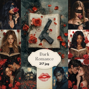 Dark Romance Junk Journal Seiten, Lesen Scrapbook Papier, Romantische Bücherwurm Bilder, Buchliebhaber, Digitales Papier, Katze Maus, Rote Rose, Eindringlich