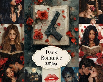 Dark Romance Junk Journal Pages, Reading Scrapbook Paper, Romantic Bookworm Images, Book Lover, Digital Paper, Cat Mouse, Red Rose, Haunting