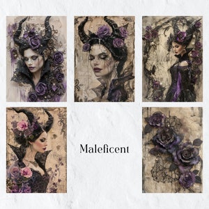 May include: A collage of six images featuring a woman with dark horns and purple flowers. The text "Maleficent" is in the center of the collage.