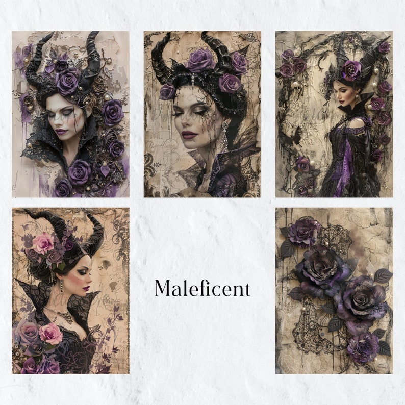 May include: A collage of six images featuring a woman with dark horns and purple flowers. The text "Maleficent" is in the center of the collage.