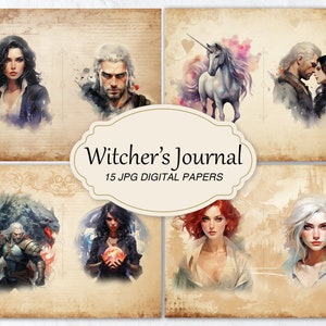 May include: A digital paper pack with 15 images featuring characters and scenes from the Witcher video game series. The images include Geralt of Rivia, Yennefer, Triss Merigold, Ciri, and a unicorn. The images are in a watercolor style with a vintage aesthetic.