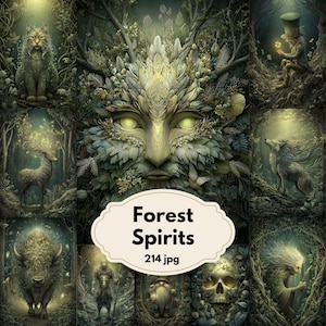 Op de afbeelding: Een digitale kunstcollage getiteld "Forest Spirits" met verschillende boswezens en figuren. De centrale afbeelding is een gezicht gemaakt van bladeren. Andere afbeeldingen zijn een lynx, een hert, een wolf en een figuur met een staf. De tekst "Forest Spirits" wordt weergegeven.