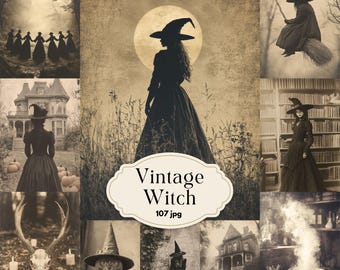 May include: A collage of vintage images featuring witches in various settings. The images are in black and white and have a distressed, aged look. The collage includes a witch flying on a broomstick, a witch standing in a field, a witch in a library, and a witch in a cauldron. The text "Vintage Witch 107.jpg" is in the center of the collage.