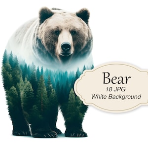 Clipart di orso grizzly, orso a doppia esposizione, 18 JPG di alta qualità, arte della fauna selvatica, creazione di carta, creazione di carte, clip art, diario spazzatura, digitale