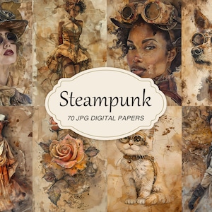 Steampunk plakboekpapierpakket, vintage ongewenste dagboekpagina's, beige antieke papier achtergrond, afdrukbare steampunk ambacht, digitale download