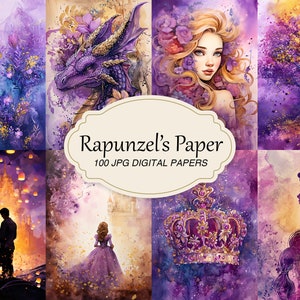 Rapunzel Junk Journal Papier Pack, verschlungenes druckbares Papier, Märchen Prinzessin, digitaler Download, Lila Scrapbook Papier, Vintage, Drache