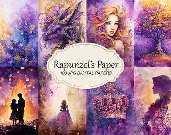 Paquete de papel de diario basura de Rapunzel, papel imprimible enredado, princesa de cuento de hadas, descarga digital, papel de álbum de recortes púrpura, vintage, dragón