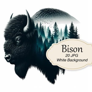 Clipart bisonte, bufalo a doppia esposizione, 20 JPG di alta qualità, arte della fauna selvatica, creazione di carta, creazione di carte, sagoma di bisonte, download digitale