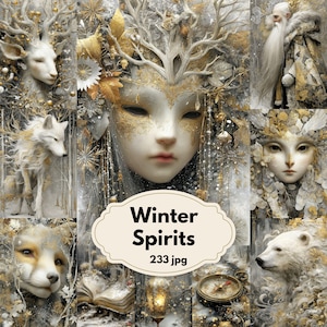 Op de afbeelding: Een collage van afbeeldingen met een winterthema, met witte en gouden elementen. De afbeeldingen bevatten een masker, een hert, een vos, een beer en een figuur met een lange witte baard. De tekst "Winter Spirits" wordt weergegeven.