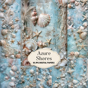 Papel digital costero de Azure Shores, páginas de diarios de basura marina, papel de álbum de recortes náutico vintage, océano azul, encaje, perlas, estrellas de mar, conchas marinas