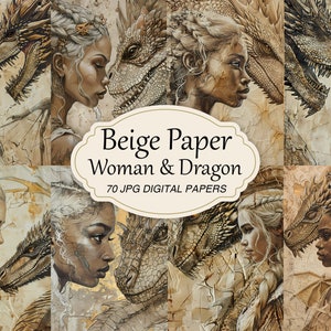 Paquete de papel vintage de mujer y dragón, paquete de papel de diario basura, collage de fantasía imprimible, fondo de papel antiguo, beige, descarga digital