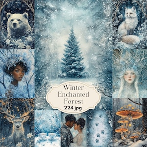 May include: A collage of winter forest images with a blue and white color scheme. The images include a snowy forest, a white fox, a deer with antlers, a woman with a crown of ice, a couple in winter clothing, and a mushroom house. The text "Winter Enchanted Forest 224.jpg" is in the center of the collage.