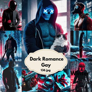 May include: A collage of digital art with a dark romance theme. The images feature figures with masks, skulls, and a person holding a cat. The text "Dark Romance Gay" is displayed on a decorative label.
