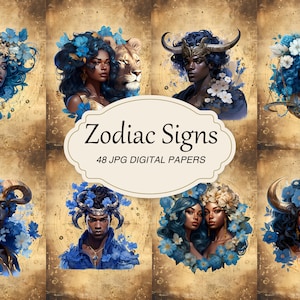 Vintage Zodiac Signs Junk Journal Pagina, Afro-Amerikaanse versie, Zwart meisje, Astrologie Horoscoop, Scrapbooking, Afdrukbaar, Digitale Download
