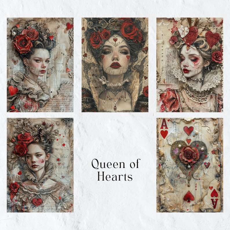 May include: A collage of four images featuring a woman with red roses in her hair and a crown. The woman is dressed in a white lace dress and has a red heart on her cheek. The images are surrounded by a distressed background with the words "Queen of Hearts" in the center.