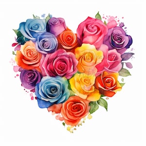 Clipart de corazón de rosas de arcoíris, 15 flores de colores en acuarela en formato JPG, fabricación de tarjetas, manualidades de papel, arte mural, descarga digital, uso comercial