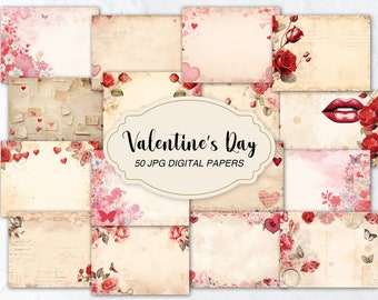 May include: A collection of 50 digital JPG papers with a Valentine's Day theme. The papers feature vintage designs with roses, hearts, butterflies, and lipstick. The color palette includes red, pink, and cream tones, with a distressed, aged look.