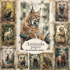 Pagine di scrapbooking e diario con animali del bosco, carta digitale con acquerelli, effimeri della natura vintage, carta stampabile, foglio per collage