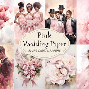 Hochzeit Rosa Aquarell Digitale Papiere, Vintage Stil Ephemera Pack für Junk Journal, Scrapbooking, bedruckbare Seiten, Shabby Chic
