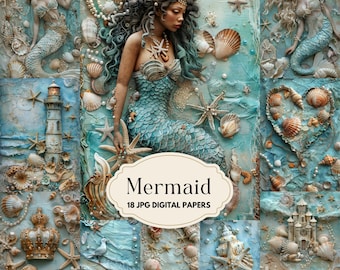 Mermaid Junk Journal Pages, Vintage Sea Digital Scrapbook Paper, Printable Collage Sheet, Vintage Ephemera, Fantasy, Ocean, Pearls, Seashell