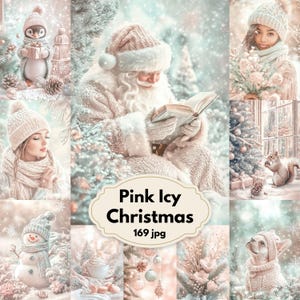 May include: A collection of winter-themed images in pink and white. The images feature Santa Claus reading, a snowman, a penguin, a girl, and a dog, all wearing winter hats. The text "Pink Icy Christmas 169 jpg" is displayed in a decorative frame.