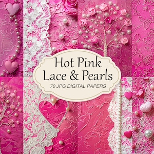 Vintage Hot Pink Spitze Perlen Papier, Shabby Chic, Spitze druckbares Papier, Junk Journal Papier Pack, Scrapbook Collage Sheet, antiker Hintergrund
