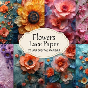 Vintage Blumen Spitzenpapier, Shabby Chic Blumenhintergrund, Elegantes Junk Journal Kit, besticktes Papier 3D Blume, Scrapbook Romantische Collage