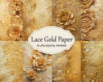 Vintage Lace Gold Paper, Floral Junk Journal Paper Pack, Scrapbook Collage Sheet, Printable Lace Paper, Digital Antique Paper Background