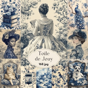 Páginas de diário de lixo Toile De Jouy, inserção de diário francês Toile, itens vintage, papel para impressão de scrapbook Shabby Chic, Toile azul digital