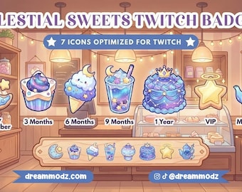 May include: Seven Celestial Sweets Twitch badges are displayed, including a moon cookie, cupcake, ice cream cone, and a cake. The badges are designed for Twitch, with labels indicating subscription durations and roles like 'Moderator'.