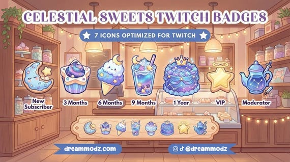 7x Kawaii Celestial Sweets Twitch Sub Badges | Galaxy Discord Role Icons | Dessert Kick Pack | Cute Stream Assets | Instant Digital Download