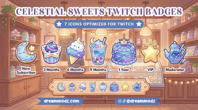 May include: A collection of seven Celestial Sweets Twitch badges, featuring whimsical designs like a moon cookie, cupcake, ice cream cone, and a cake. The badges are optimized for Twitch and include text labels for different subscription tiers.