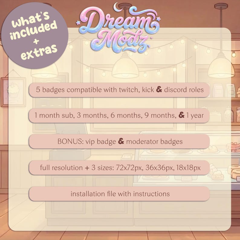 May include: A digital product graphic with the text "Dream Modz" in a stylized font. The image lists included extras: badges for Twitch, Kick, and Discord, subscription options, bonus badges, full resolution files, and an installation file.