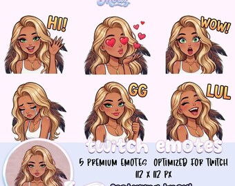 May include: A set of six Twitch emotes featuring a cartoon woman with blonde hair and green eyes. The emotes include expressions like "Hi!", heart eyes, "Wow!", crying, "GG", and laughing with "LUL". The text "Dream Modz" is at the top.