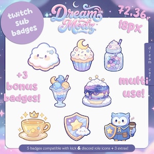 May include: A set of pastel-coloured Twitch sub badges with food and character designs. Includes a cloud, cupcake, jar of sweets, sundae, cake, teacup, shield, and owl. Text includes "Dream Modz", "twitch sub badges", and "multi use!"
