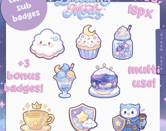 May include: A collection of cute, pastel-colored Twitch sub badges featuring food and character designs. Includes a cloud, cupcake, jar of candy, sundae, cake, teacup, shield, and owl. Text includes "Dream Modz", "twitch sub badges", and "multi use!"