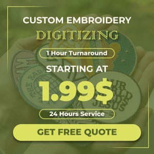 Może przedstawiać: Kolekcja okrągłych haftowanych naszywek z różnymi wzorami i napisami, w tym 'OUR WORLD NEEDS JESUS'. Obraz zawiera tekst 'CUSTOM EMBROIDERY DIGITIZING', '1 Hour Turnaround', 'STARTING AT 1.99$', '24 Hours Service' oraz 'GET FREE QUOTE'.