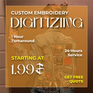 May include: A light blue denim jacket covered in various colorful embroidered patches. The image features text that reads CUSTOM EMBROIDERY DIGITIZING, 1 Hour Turnaround, 24 Hours Service, STARTING AT 1.99$, and GET FREE QUOTE over a brown overlay.