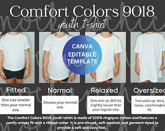Youth C9018 Comfort Colors Size Chart, Editable Comfortcolors 9018 Sizes, Shirt Sizing Template, Size Guide Mockup Tshirt Measurements