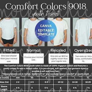 Youth C9018 Comfort Colors Size Chart, Editable Comfortcolors 9018 Sizes, Shirt Sizing Template, Size Guide Mockup Tshirt Measurements