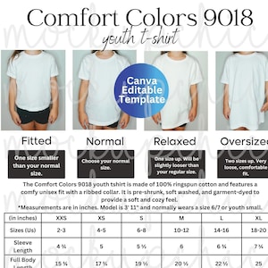 Comfort Colors Größentabelle, C9018 Bearbeitbare Comfortcolors Jugend 9018 Größen, Shirt-Größentabelle, Size Guide Mockup Tshirt-Messungen